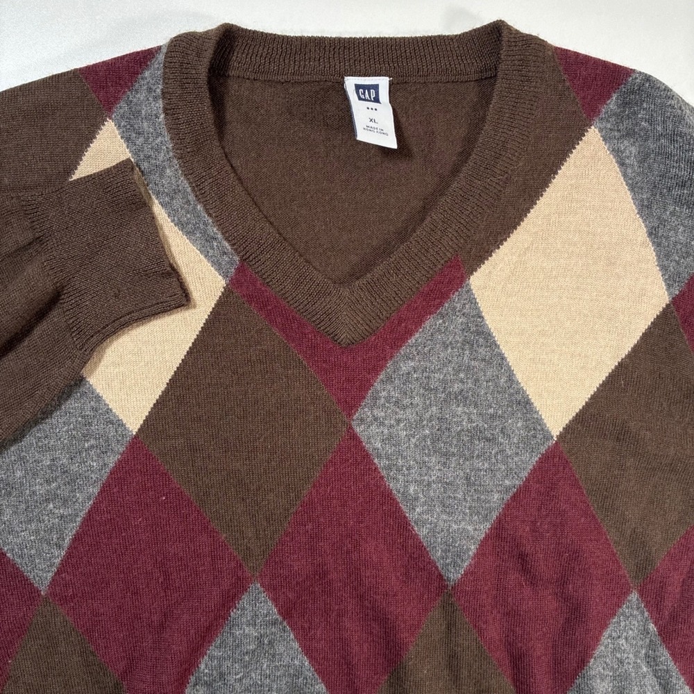 Gap Sweater Large Brown Argyle V-Neck Long Sleeve Knit Pullover (Tag XL)